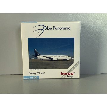MODELLO STATICO AEREO Herpa Wings 1:500 Boeing 737-400 Blue Panorama AIRPLANE