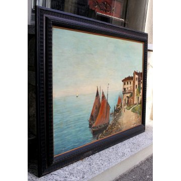 ANTICO GRANDE DIPINTO OLIO TAVOLA A. Barbieri MARINA PAESAGGIO BARCHE BORGO '900