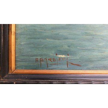 ANTICO GRANDE DIPINTO OLIO TAVOLA A. Barbieri MARINA PAESAGGIO BARCHE BORGO '900