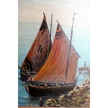 ANTICO GRANDE DIPINTO OLIO TAVOLA A. Barbieri MARINA PAESAGGIO BARCHE BORGO '900
