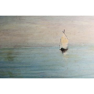 ANTICO GRANDE DIPINTO OLIO TAVOLA A. Barbieri MARINA PAESAGGIO BARCHE BORGO '900