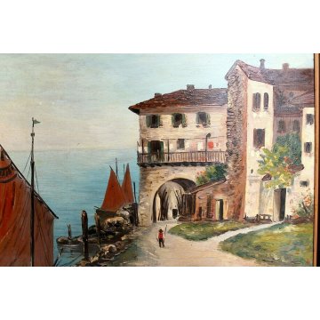 ANTICO GRANDE DIPINTO OLIO TAVOLA A. Barbieri MARINA PAESAGGIO BARCHE BORGO '900