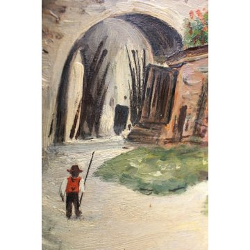 ANTICO GRANDE DIPINTO OLIO TAVOLA A. Barbieri MARINA PAESAGGIO BARCHE BORGO '900