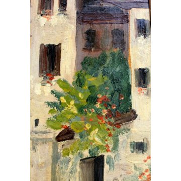 ANTICO GRANDE DIPINTO OLIO TAVOLA A. Barbieri MARINA PAESAGGIO BARCHE BORGO '900
