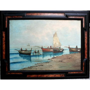 ANTICO GRANDE DIPINTO OLIO TELA A. Barbieri MARINA PAESAGGIO BARCHE PESCA '900