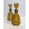 COPPIA ANTICA BOTTIGLIA DECANTER CRISTALLO AMBRA DECORO MOLATO MONTATURE ARG 800