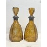COPPIA ANTICA BOTTIGLIA DECANTER CRISTALLO AMBRA DECORO MOLATO MONTATURE ARG 800