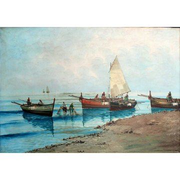 ANTICO GRANDE DIPINTO OLIO TELA A. Barbieri MARINA PAESAGGIO BARCHE PESCA '900