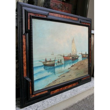 ANTICO GRANDE DIPINTO OLIO TELA A. Barbieri MARINA PAESAGGIO BARCHE PESCA '900