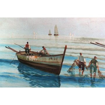 ANTICO GRANDE DIPINTO OLIO TELA A. Barbieri MARINA PAESAGGIO BARCHE PESCA '900