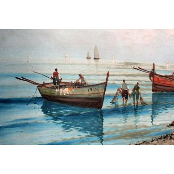 ANTICO GRANDE DIPINTO OLIO TELA A. Barbieri MARINA PAESAGGIO BARCHE PESCA '900