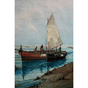 ANTICO GRANDE DIPINTO OLIO TELA A. Barbieri MARINA PAESAGGIO BARCHE PESCA '900