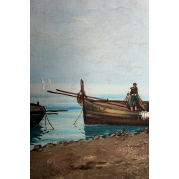 ANTICO GRANDE DIPINTO OLIO TELA A. Barbieri MARINA PAESAGGIO BARCHE PESCA '900