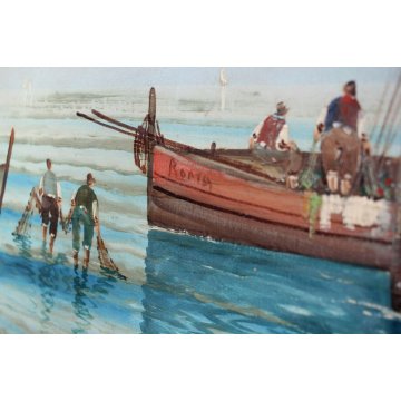ANTICO GRANDE DIPINTO OLIO TELA A. Barbieri MARINA PAESAGGIO BARCHE PESCA '900