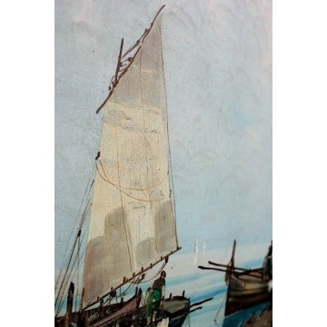 ANTICO GRANDE DIPINTO OLIO TELA A. Barbieri MARINA PAESAGGIO BARCHE PESCA '900