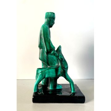 ANTICA SCULTURA CERAMICA FIGURA PASTORE CANE SMALTO VERDE NERO Art Decò