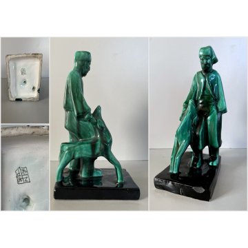 ANTICA SCULTURA CERAMICA FIGURA PASTORE CANE SMALTO VERDE NERO Art Decò