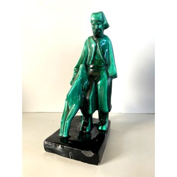 ANTICA SCULTURA CERAMICA FIGURA PASTORE CANE SMALTO VERDE NERO Art Decò