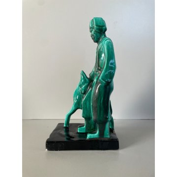 ANTICA SCULTURA CERAMICA FIGURA PASTORE CANE SMALTO VERDE NERO Art Decò