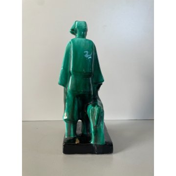 ANTICA SCULTURA CERAMICA FIGURA PASTORE CANE SMALTO VERDE NERO Art Decò