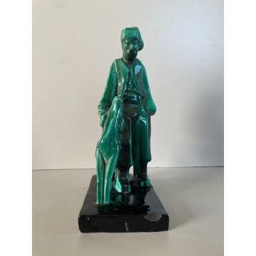 ANTICA SCULTURA CERAMICA FIGURA PASTORE CANE SMALTO VERDE NERO Art Decò