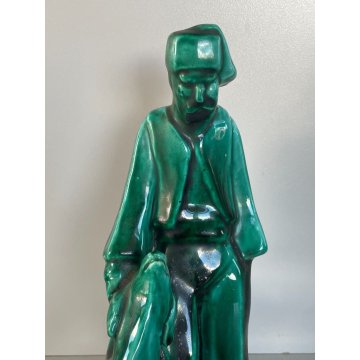 ANTICA SCULTURA CERAMICA FIGURA PASTORE CANE SMALTO VERDE NERO Art Decò