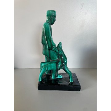 ANTICA SCULTURA CERAMICA FIGURA PASTORE CANE SMALTO VERDE NERO Art Decò