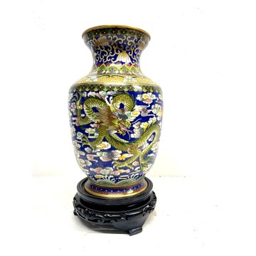 ANTICO VASO CLOISONNE SMALTO FONDO BLU DECORO DRAGONE CHINA VINTAGE 23 cm/h