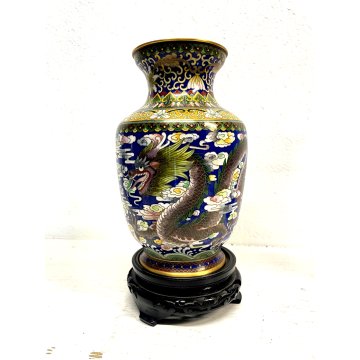 ANTICO VASO CLOISONNE SMALTO FONDO BLU DECORO DRAGONE CHINA VINTAGE 23 cm/h