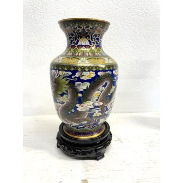 ANTICO VASO CLOISONNE SMALTO FONDO BLU DECORO DRAGONE CHINA VINTAGE 23 cm/h