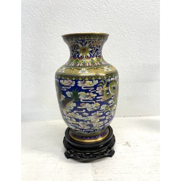 ANTICO VASO CLOISONNE SMALTO FONDO BLU DECORO DRAGONE CHINA VINTAGE 23 cm/h