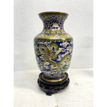 ANTICO VASO CLOISONNE SMALTO FONDO BLU DECORO DRAGONE CHINA VINTAGE 23 cm/h