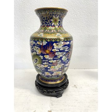 ANTICO VASO CLOISONNE SMALTO FONDO BLU DECORO DRAGONE CHINA VINTAGE 23 cm/h