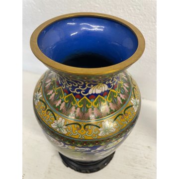 ANTICO VASO CLOISONNE SMALTO FONDO BLU DECORO DRAGONE CHINA VINTAGE 23 cm/h