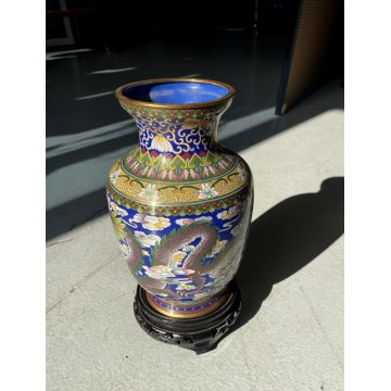 ANTICO VASO CLOISONNE SMALTO FONDO BLU DECORO DRAGONE CHINA VINTAGE 23 cm/h