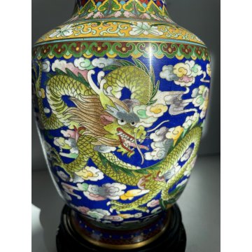 ANTICO VASO CLOISONNE SMALTO FONDO BLU DECORO DRAGONE CHINA VINTAGE 23 cm/h