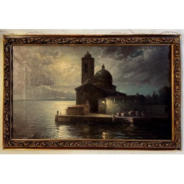 ANTICO GRANDE QUADRO OLIO Egidio Da Rubelli PAESAGGIO NOTTURNO MARINA LANTERNA