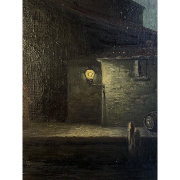 ANTICO GRANDE QUADRO OLIO Egidio Da Rubelli PAESAGGIO NOTTURNO MARINA LANTERNA