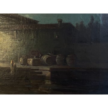 ANTICO GRANDE QUADRO OLIO Egidio Da Rubelli PAESAGGIO NOTTURNO MARINA LANTERNA