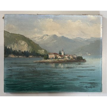 ANTICO DIPINTO OLIO TELA PAESAGGIO Lago D'Orta ISOLA San Giulio FIRMATO '900