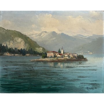 ANTICO DIPINTO OLIO TELA PAESAGGIO Lago D'Orta ISOLA San Giulio FIRMATO '900