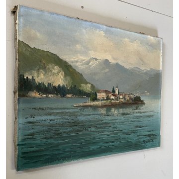 ANTICO DIPINTO OLIO TELA PAESAGGIO Lago D'Orta ISOLA San Giulio FIRMATO '900