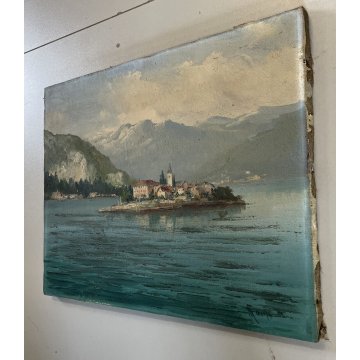 ANTICO DIPINTO OLIO TELA PAESAGGIO Lago D'Orta ISOLA San Giulio FIRMATO '900