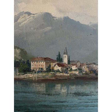 ANTICO DIPINTO OLIO TELA PAESAGGIO Lago D'Orta ISOLA San Giulio FIRMATO '900