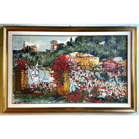 GRANDE QUADRO OLIO TELA  Cascella "Portofino" POLIMATERICO MARINA PAESAGGIO 1980