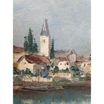 ANTICO DIPINTO OLIO TELA PAESAGGIO Lago D'Orta ISOLA San Giulio FIRMATO '900