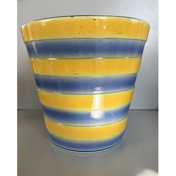 GRANDE ANTICO VASO CACHE POT PORTAVASO CERAMICA G. Petucco GIALLO AZZURRO ø 29cm