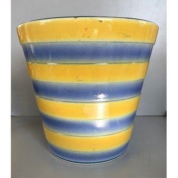 GRANDE ANTICO VASO CACHE POT PORTAVASO CERAMICA G. Petucco GIALLO AZZURRO ø 29cm