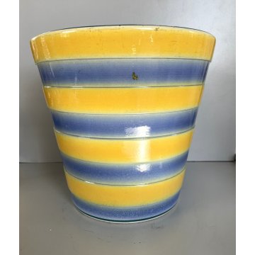 GRANDE ANTICO VASO CACHE POT PORTAVASO CERAMICA G. Petucco GIALLO AZZURRO ø 29cm