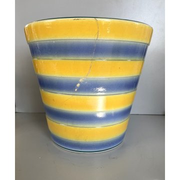 GRANDE ANTICO VASO CACHE POT PORTAVASO CERAMICA G. Petucco GIALLO AZZURRO ø 29cm